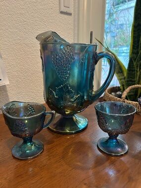 Iridescent Blue Carnival Glass Pitcher and Footed Creamer & Sugar